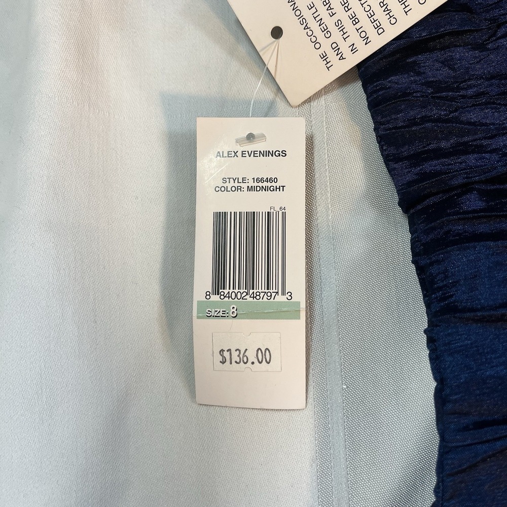NWT Alex Evenings Blue Crinkle Cocktail Dress V-Neck‎ Rhinestone Broach Size 8 - Picture 6 of 8